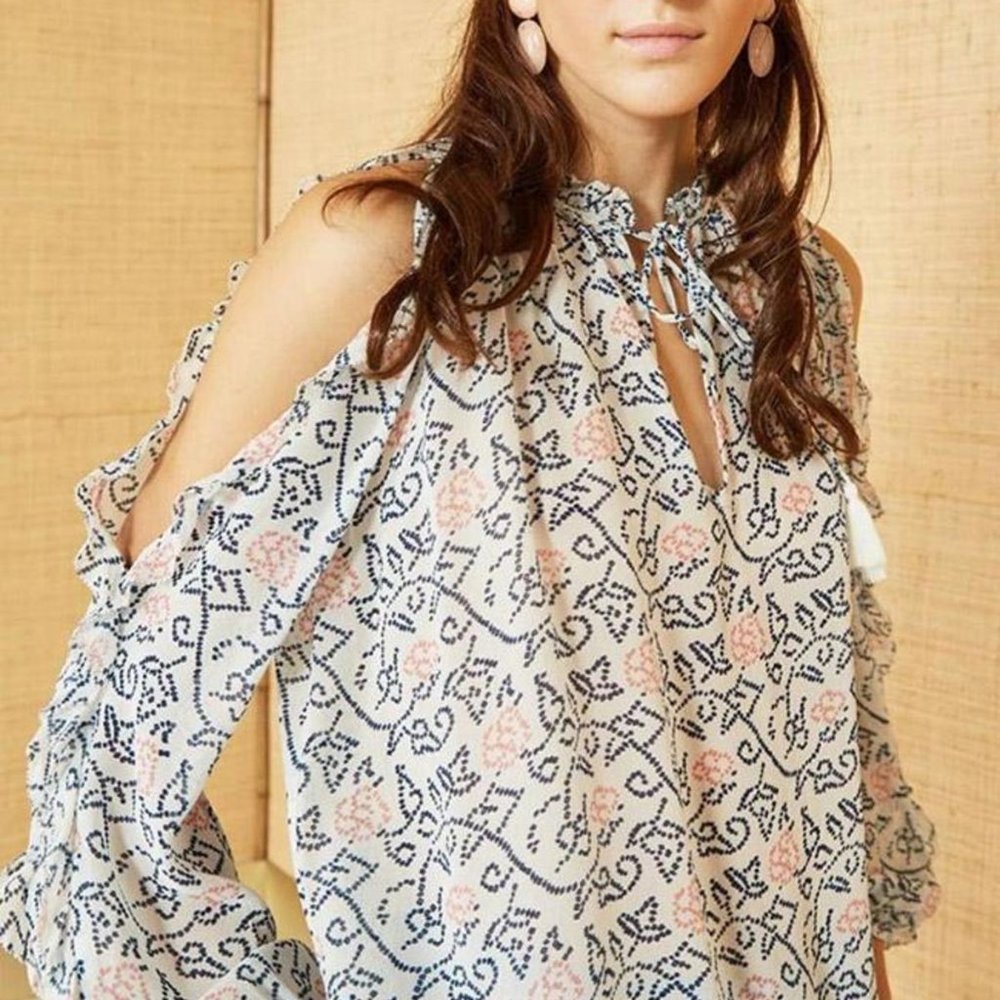 ULLA JOHNSON DUNIA OPEN SHOULDER SILK BLOUSE FLORAL PATTERN 0 XS